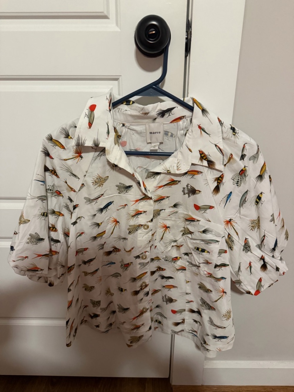 Maeve White Button-Front Shirt with Colorful Fishing Lure Print